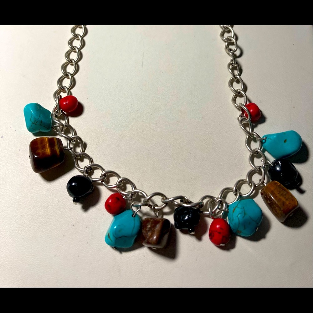 Turquoise red black and brown beaded necklace #853